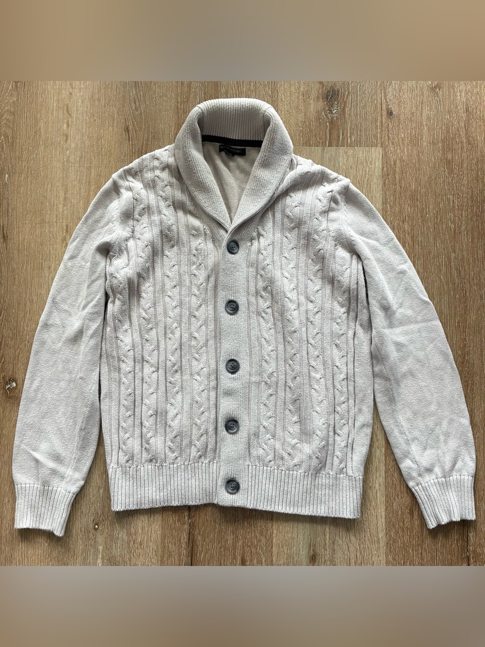 Banana Republic Men's Light Grey Cable-Knit Shawl Collar Cardigan Sweater Size S